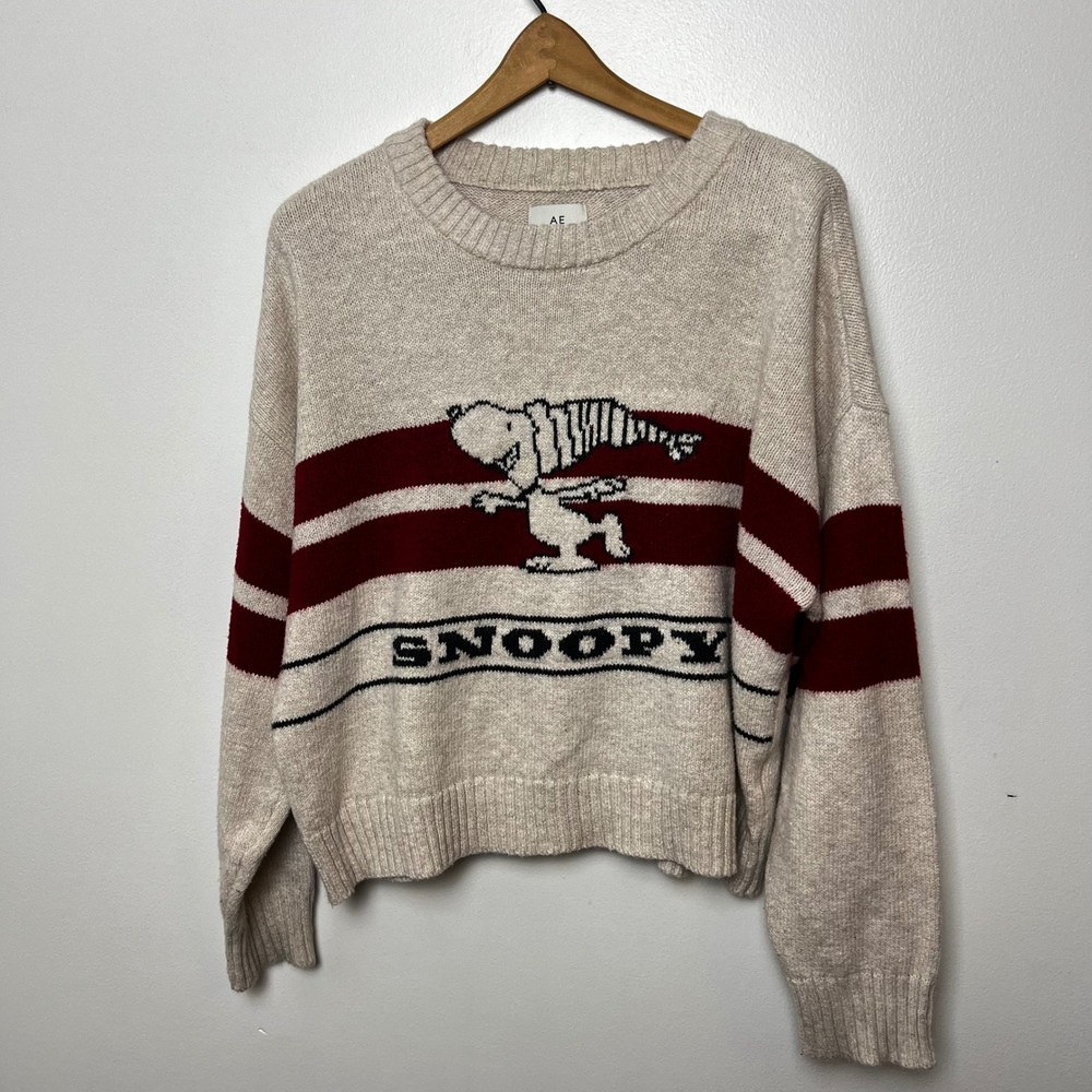 American Eagle Outfitters Cream & Maroon Snoopy Crewneck Sweater